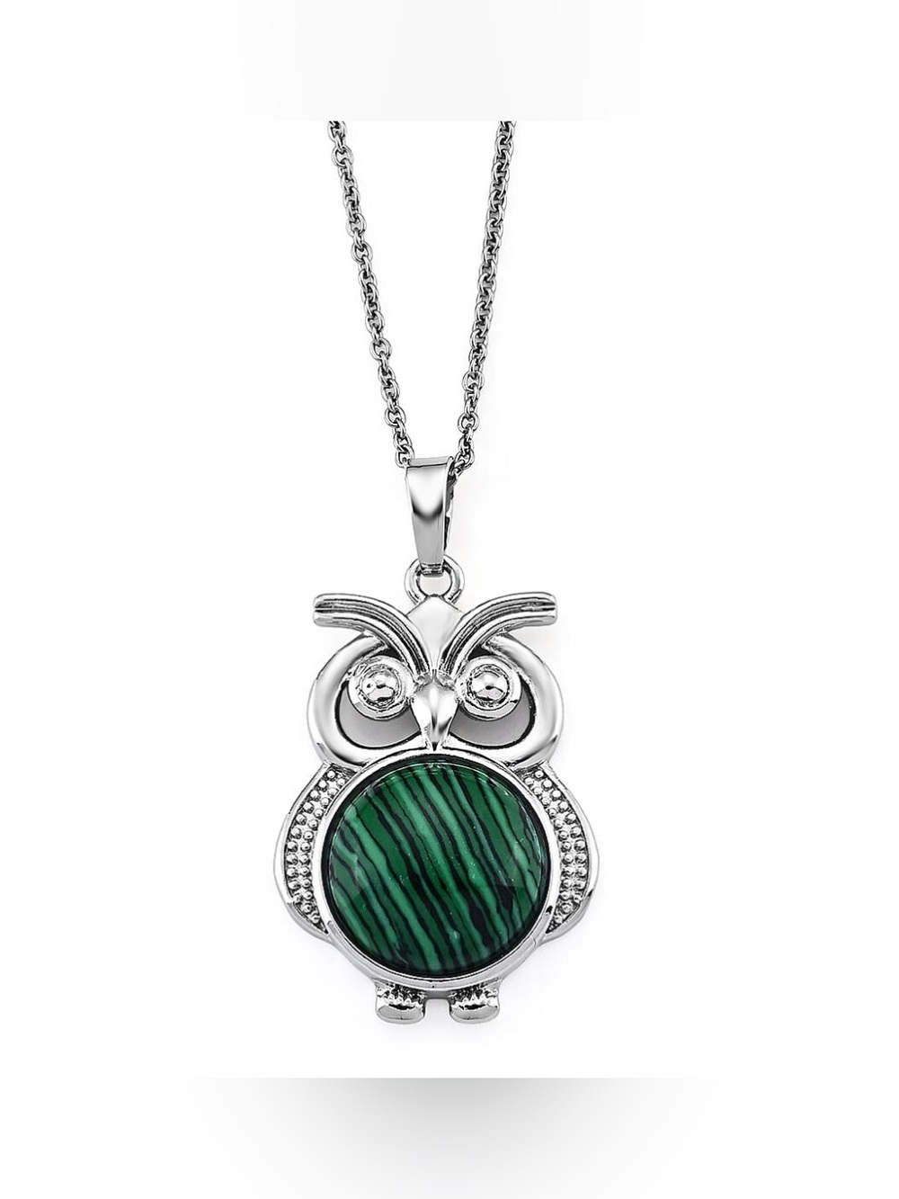 Silver Owl Pendant Necklace with Green Malachite Stone